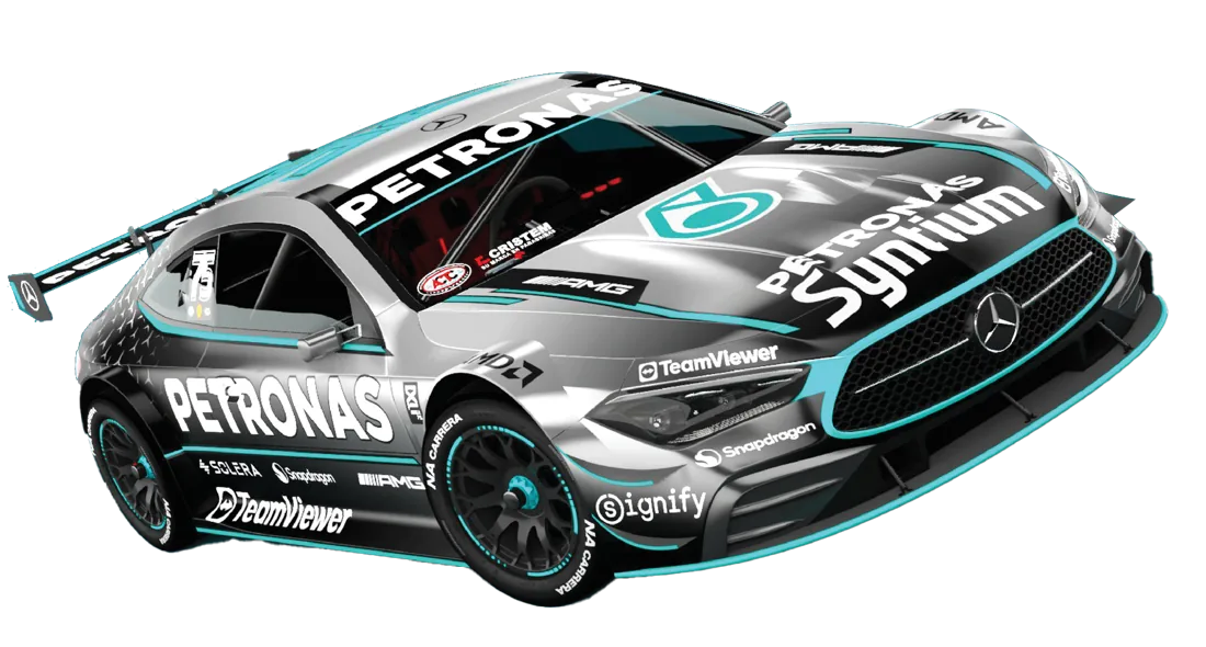 Auto de carrera gris con colores de equipo